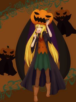1girl alternate_costume bat_wings blonde_hair boots brown_boots brown_pantyhose candy duster food frills green_skirt halloween highres kurumi_(touhou) logia13laplace lollipop long_hair orange_shirt pantyhose pumpkin_hat shirt skirt solo swirl_lollipop touhou touhou_(pc-98) wings
