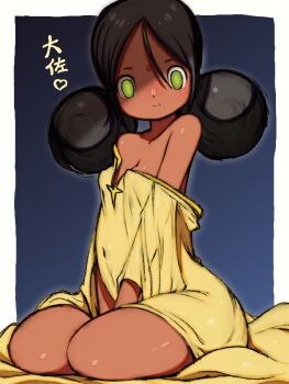 1girl bare_shoulders beeru_(veil8801) between_legs bindi black_hair breasts cleavage closed_mouth covered_erect_nipples covered_navel dark-skinned_female dark_skin double_bun dress green_eyes gundam hair_between_eyes hair_bun hand_between_legs highres indian lalah_sune long_hair loose_hair_strand mobile_suit_gundam off_shoulder sitting small_breasts smile solo translation_request v_arms yellow_dress