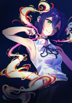 1girl absurdres armpits bow bowtie chainsaw_man collar green_eyes highres purple_hair reze_(chainsaw_man) shirt skirt sleeveless white_shirt