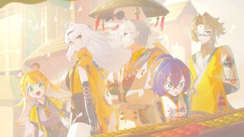 +_+ 3boys 3girls absurdres accessories ahoge animal_ear_fluff animal_ears arms_behind_back beizi_(clothing) belle_(delicate_sunlight)_(zenless_zone_zero) belle_(zenless_zone_zero) bird black_unitard blonde_hair blue_hair breasts brown_hair chinese_clothes closed_eyes closed_mouth coin coin_on_string colored_inner_hair commentary_request crossed_bangs dress dress_over_shirt elbow_gloves facial_mark forehead_mark furry furry_male glasses gloves green_eyes grey_hair grey_shirt hair_between_eyes hair_ornament hairpin high-waist_shorts highres jacket ju_fufu large_breasts letter_hair_ornament long_hair looking_at_another multicolored_fur multicolored_hair multiple_boys multiple_girls official_alternate_costume one_eye_closed open_mouth orange_dress orange_fur outdoors pan_yinhu panda_boy panda_ears red_eyes round_eyewear shirt short_hair shorts single_elbow_glove single_hair_intake smile striped_fur striped_hair tiger_ears tiger_girl tiger_stripes white_bird white_fur white_hair wise_(soaring_crane)_(zenless_zone_zero) wise_(zenless_zone_zero) wok ye_shiyuan yellow_eyes yellow_jacket yixuan_(zenless_zone_zero) zenless_zone_zero zeroartwo