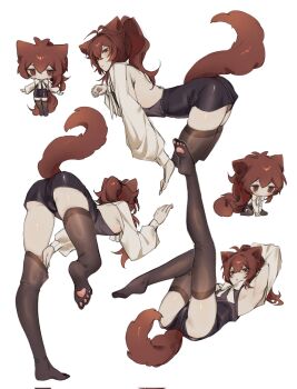 1boy alternate_costume animal_ears arm_up armpits ass black_thighhighs commentary_request diluc_(genshin_impact) genshin_impact hair_between_eyes highres long_hair male_focus multiple_views paw_pose paw_print ponytail red_eyes red_hair skindentation tail thighhighs thighs zehuij