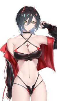 1girl absurdres arm_up armpits azur_lane bare_shoulders bikini black_bikini black_choker black_gloves black_hair black_jacket breasts choker cleavage collarbone commentary cowboy_shot criss-cross_halter cross cross_piercing crotch_zipper fingerless_gloves gloves groin hair_between_eyes hair_ornament hairclip halterneck highleg highleg_bikini highres horns jacket long_sleeves looking_at_viewer mechanical_horns medium_breasts multi-strapped_bikini_bottom multicolored_hair navel navel_piercing off_shoulder official_alternate_costume open_clothes open_jacket parted_lips piercing race_queen red_horns red_nails short_hair sidelocks signature simple_background skindentation solo spiked_choker spikes standing stomach swimsuit two-tone_hair ulrich_von_hutten_(azur_lane) ulrich_von_hutten_(ignition_matrician)_(azur_lane) white_background white_hair xuwasoo yellow_eyes zipper_bikini zipper_pull_tab