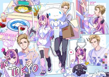 1boy 1girl :p absurdres ahoge artist_name bag black_horns black_pants blonde_hair broken_horn cdawgva cinnamoroll closed_mouth color_guide crane_game demon_girl demon_horns demon_tail demon_wings drink drinking_straw food fruit green_eyes hair_ornament heart heart_ahoge heart_hair_ornament height height_difference highres holding holding_phone horns indie_virtual_youtuber ironmouse long_hair motion_lines multicolored_hair open_mouth pants phone pink_hair plate purple_eyes purple_hair sanrio shoes shopping_bag short_hair sideburns smile sneakers spiro_(supirou2052) spoken_heart star_(symbol) strawberry streaked_hair tail tongue tongue_out v virtual_youtuber wings