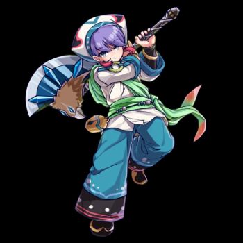 1boy arms_up axe black_background black_shoes blue_pants closed_mouth full_body green_sash grey_eyes hat highres holding holding_axe jacket long_sleeves merc_storia merc_storia_art_team mila_(merc_storia) official_art pants purple_hair sash shoes short_hair simple_background solo standing tachi-e two-handed white_hat white_jacket