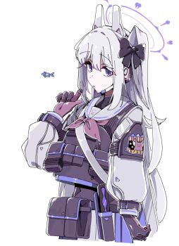 1girl animal_ear_headphones animal_ears black_bow blue_archive blue_eyes blue_halo bow bulletproof_vest fake_animal_ears hair_bow halo headphones highres miyako_(blue_archive) neckerchief pink_neckerchief rabbit_ear_headphones rabbit_ears rabbit_platoon_(blue_archive) school_uniform side_ponytail tactical_school_uniform uni_gyoza upper_body white_hair