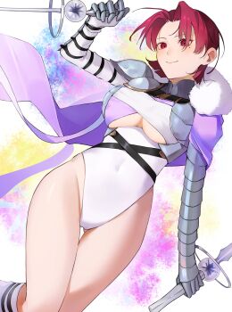 1girl bare_legs bazett_fraga_mcremitz bazett_fraga_mcremitz_(celebratory_attire) breasts cape closed_mouth curtained_hair fate/grand_order fate_(series) high_collar highres holding holding_weapon kneehighs large_breasts leotard long_sleeves looking_at_viewer mole mole_under_eye red_eyes red_hair smile socks solo teba-age underboob weapon
