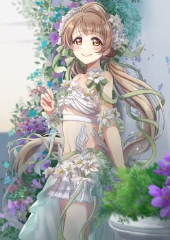 1girl absurdres alternate_costume bare_shoulders brown_hair commentary_request crop_top fingernails flower flower_pot frilled_skirt frills hair_ornament highres long_hair looking_at_viewer love_live! love_live!_school_idol_project minami_kotori navel ranemu skirt smile solo upper_body white_flower white_skirt