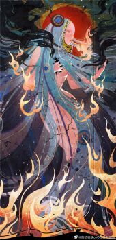 Rule 34 | 1girl, aqua hijab, beads, blue hair, breasts, brown eyes, chinese commentary, commentary request, convenient censoring, fire, full body, gugu gugu, hair beads, hair ornament, highres, hijab, long hair, marking on cheek, medium breasts, nude, original, outstretched arm, parted lips, red lips, smoke, solo, sun, teardrop facial mark, very long hair, watermark, weibo watermark, weibo watermark