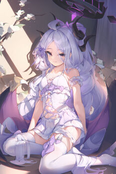 1girl absurdly_long_hair absurdres ahoge alternate_costume armband bare_shoulders black_halo black_horns blue_archive bow breasts closed_mouth collarbone commentary_request curtains demon_girl demon_horns demon_wings dress feet frilled_armband frilled_thigh_strap frills garter_straps hair_over_shoulder hair_ribbon halo highres hina_(blue_archive) horns layered_skirt light_blush loli long_hair looking_at_viewer low_wings multiple_horns navel no_shoes norimori purple_bow purple_eyes purple_ribbon ribbon sitting skirt small_breasts smile solo thigh_strap thighhighs very_long_hair white_dress white_garter_straps white_hair white_thighhighs wings yokozuwari