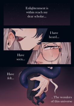 2girls absurdres black_hair blush commentary dreya_(path_to_nowhere) english_commentary english_text glasses grey_eyes grey_hair highres korichi_celeste multiple_girls parted_lips path_to_nowhere red_lips red_nails shin_(path_to_nowhere) sweat tentacles yuri