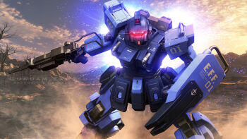 3d assault_rifle bare_tree blue_destiny_01 cloud commentary_request dusk dust_cloud earth_federation emblem english_text flying glowing glowing_eyes gun gundam gundam_side_story:_the_blue_destiny highres looking_at_viewer machine_gun machinery mecha mecha_focus mobile_suit mountainous_horizon no_humans realistic red_eyes rifle robot roundel s.hasegawa science_fiction shield signature thrusters tree weapon