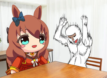 1boy :d blue_eyes blue_ribbon chair christmas commentary_request curtains doqute_doll_photoshoot_parody_(meme) doqute_stuffed_doll dress highres kazakoshi_nonta maruzensky_(formula_r)_(umamusume) maruzensky_(umamusume) meme open_mouth photo-referenced real_life_insert red_dress ribbon screaming smile stuffed_toy t-head_trainer_(umamusume) table trainer_(umamusume) umamusume