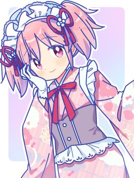 Rule 34 | 1girl, absurdres, blush, border, bow, bowtie, bright pupils, closed mouth, commentary request, cowboy shot, dot nose, gloves, hair ribbon, highres, japanese clothes, kaname madoka, kimono, long sleeves, looking at viewer, mahou shoujo madoka magica, mahou shoujo madoka magica (anime), maid headdress, outline, outside border, pink hair, pink kimono, red bow, red bowtie, red eyes, red ribbon, ribbon, ruru (rurumagi), short hair, short twintails, smile, solo, twintails, white border, white gloves, white outline, white pupils, wide sleeves