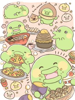 Rule 34 | 1boy, beamed eighth notes, beamed sixteenth notes, bloated, blush stickers, border, burger, cake, cake slice, chestnut, closed eyes, closed mouth, cup, dancing, dessert, drink, drooling, eating, eighth note, english text, flower symbol, food, food-themed hat, food on face, fork, grid background, happy aura, hat, highres, holding, holding cake, holding food, holding pizza, holding spoon, kuchipatchi, male focus, mogu2 zzz, mont blanc (food), motion lines, multiple views, musical note, noodles, open mouth, pink background, pizza, pizza slice, puffy cheeks, ramen, sparkle, spoon, sweet potato, takoyaki, tamagotchi, white border