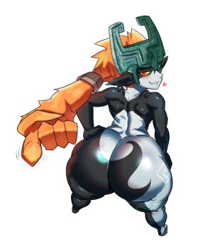 1girl ass biting_own_lip black_skin colored_sclera colored_skin demon_girl from_above from_behind full_body grey_skin helmet highres huge_ass long_hair looking_at_viewer looking_back midna multicolored_skin nintendo nude one_eye_covered orange_hair pointy_ears presenting red_eyes shiny_skin shortstack simple_background solo standing the_legend_of_zelda the_legend_of_zelda:_twilight_princess thick_thighs thighs two-tone_skin white_background wide_hips yellow_sclera ytrall