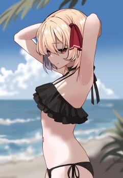 1girl absurdres alternate_costume armpits arms_behind_head arms_up beach bikini black_bikini black_choker blonde_hair blurry blurry_background breasts choker commentary_request frilled_bikini frills hair_ribbon highres looking_at_viewer navel outdoors palm_leaf presenting_armpit red_eyes red_ribbon ribbon rouka_(pixiv_38584860) rumia short_hair side-tie_bikini_bottom sideways_glance small_breasts smile solo stomach swimsuit touhou
