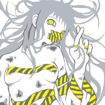 1girl areola_slip arm_at_side breasts caution_tape commentary crossed_fingers english_commentary from_above gag greyscale hair_spread_out hand_up head_tilt improvised_gag injury jelly_(sferics32) long_hair looking_at_viewer lying medium_breasts monochrome nude on_back original pasties simple_background solo spot_color tape tape_gag tape_on_nipples upper_body yellow_eyes yellow_nails