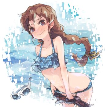 Rule 34 | 1girl, bikini, blue bikini, blush, braid, braided ponytail, brown eyes, brown hair, brown shorts, closed mouth, clothes pull, collarbone, cowboy shot, embarrassed, unworn eyewear, floating hair, hair ribbon, halterneck, isuzu (log horizon), leaning forward, log horizon, long hair, mo (deciliter), navel, polka dot, polka dot bikini, ponytail, ribbon, short shorts, shorts, shorts pull, solo, standing, sunglasses, swimsuit, very long hair, wavy mouth, wet, wet hair, white-framed eyewear, yellow ribbon