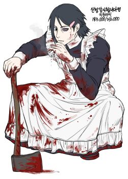 1boy alternate_hairstyle apron axe black_dress black_eyes black_hair blood blood_on_clothes blood_on_face blood_on_hands bloody_weapon boruto:_naruto_next_generations commentary_request crossdressing crossdressing_(mtf) dress full_body hair_behind_ear hair_ornament hairclip highres ichido792801 korean_commentary korean_text maid maid_apron male_focus mismatched_eyes naruto_(series) rinnegan solo squatting translation_request uchiha_sasuke weapon