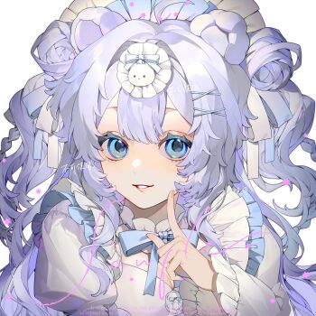 1girl blue_bow blue_eyes bow breasts cleavage commission dougla eyelashes fingernails frills hair_ornament highres lips long_hair long_sleeves looking_at_viewer mihuashi_commission multiple_hair_buns nail_polish original parted_lips pink_nails purple_hair sample_watermark sidelocks solo square upper_body watermark white_background