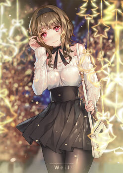 1girl bag bare_shoulders black_hairband black_pantyhose black_ribbon black_skirt blurry blurry_background breasts brown_hair christmas_ornaments commentary_request copyright_request hairband hand_up handbag highres hui_jie long_sleeves medium_breasts medium_hair neck_ribbon night off-shoulder_sweater off_shoulder outdoors pantyhose photoshop_(medium) red_eyes revision ribbon sidelocks skirt solo standing sweater twitter_username