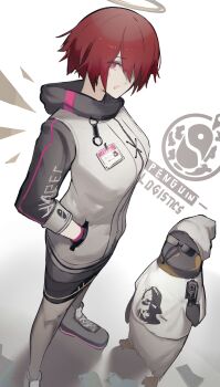 1girl absurdres amirun angel arknights bird breasts energy_wings exusiai_(arknights) halo highres hood hood_down hooded_jacket jacket medium_breasts name_tag penguin penguin_logistics_(arknights) red_eyes short_hair standing sunglasses sweatdrop emperor_(arknights) white_jacket