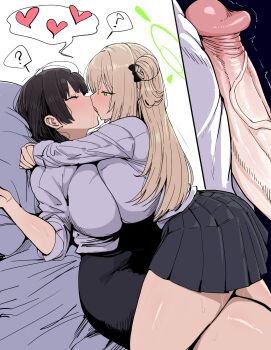 1futa 1girl ? absurdres arms_around_neck black_hair black_skirt blue_archive breast_press breasts erection female_sensei_(blue_archive) from_side futa_with_female futanari green_eyes green_halo hair_bun halo heart highres huge_breasts kiss light_brown_hair long_hair long_sleeves lying nonomi_(blue_archive) on_back penis pleated_skirt sensei_(blue_archive) shirt single_side_bun skirt spoken_heart spoken_question_mark straddling symmetrical_docking thigh_straddling twitching_penis uncensored white_shirt xipa