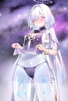 1girl black_dress black_panties bracelet breasts clothes_lift commentary_request cowboy_shot dress earrings gmkj hair_over_one_eye halo highres jacket jewelry large_variant_set lifting_own_clothes long_hair looking_at_viewer mornye_(wuthering_waves) multiple_rings navel open_mouth paid_reward_available panties pelvic_curtain pelvic_curtain_lift ring see-through_body small_breasts solo string_panties tacet_mark_(wuthering_waves) thick_eyelashes underwear variant_set very_long_hair white_hair white_halo white_jacket wuthering_waves