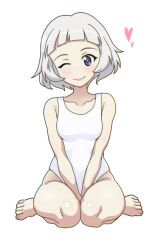 Rule 34 | 1girl, between legs, blue eyes, breasts, girls und panzer, gogopaint, grey hair, hand between legs, heart, lipstick, makeup, one-piece swimsuit, one eye closed, simple background, sitting, sophia (girls und panzer), swimsuit, wariza, white background, white one-piece swimsuit
