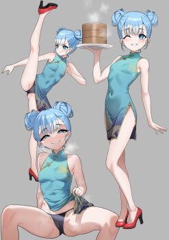 1girl ;d absurdres armpits bamboo_steamer bare_arms black_panties blue_dress blue_eyes blue_hair breasts cameltoe china_dress chinese_clothes closed_mouth clothes_lift covered_navel double_bun dragon_print dress dress_lift flashing full_body grey_background grin hair_bun high_heels high_kick highres holding holding_plate hololive hololive_indonesia kicking kobo_kanaeru leg_up loli looking_at_viewer multicolored_hair multiple_views one_eye_closed open_mouth panties pantyshot pelvic_curtain plate raikkonen red_shoes shoes short_dress short_hair side_slit simple_background sleeveless sleeveless_dress small_breasts smile split spread_legs standing standing_on_one_leg standing_split string_panties two-tone_hair underwear virtual_youtuber white_hair