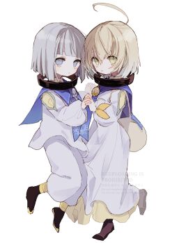 2boys absurdres ahoge backpack bag black_collar black_shoes blonde_hair blue_eyes blue_neckerchief blue_sailor_collar blunt_bangs blush collar full_body green_eyes grey_hair hair_between_eyes highres holding_hands laphicet_(tales) long_sleeves male_focus multiple_boys nancykittyu neckerchief parted_lips robe sailor_collar shoes short_hair silva_(tales) simple_background tales_of_(series) tales_of_berseria white_background white_robe