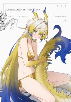 1girl 1other allen.n arknights bare_arms bare_legs bare_shoulders barefoot between_legs bikini blonde_hair blue_hair blue_horns blue_tail blush breasts chongyue_(arknights) collarbone colored_extremities colored_skin commentary_request doctor_(arknights) doodle_inset dot_nose dragon_boy dragon_girl dragon_horns dragon_tail gold_bikini green_eyes grey_hair hair_intakes hair_ornament hair_over_one_eye hair_stick highres holding holding_own_tail holding_sword holding_weapon hood hooded_coat horns long_hair long_tail looking_at_another looking_at_viewer multicolored_hair multicolored_horns multicolored_tail navel orange_pupils pointy_ears pout request_inset shu_(arknights) side-tie_bikini_bottom simple_background small_breasts solo_focus spread_legs squatting swimsuit sword tail turning_head very_long_hair weapon white_background white_horns yellow_horns yellow_skin yellow_tail