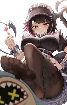 1girl absurdres bangboo_(zenless_zone_zero) black_hair blush breasts candy colored_inner_hair earrings ellen_joe feet femdom fins fish_tail food foot_focus frilled_wristband fronut_(mylittlebear) hair_ornament hairband hand_on_own_hip highres holding holding_candy holding_food holding_lollipop jewelry large_breasts legs lollipop maid maid_headdress metal_hairband mole mole_under_eye multicolored_hair pantyhose razor_blade_hair_ornament red_eyes red_hair red_nails scar scar_on_tail shark_girl shark_tail sharkboo_(zenless_zone_zero) short_hair spiked_headband stepped_on sweat tail thighs two-tone_hair zenless_zone_zero