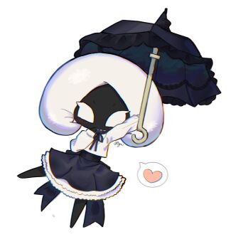 17hornet77987 1girl alternate_costume arm_up arthropod_girl black_ribbon black_skin black_skirt blush colored_skin full_body hand_up heart highres holding holding_umbrella hollow_knight hollow_knight:_silksong lace_(hollow_knight) long_sleeves looking_at_viewer neck_ribbon ribbon shirt simple_background skirt solo spoken_heart umbrella white_background white_eyes white_shirt