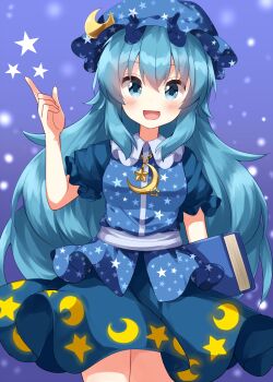 1girl :d blue_eyes blue_hair blue_hat blush book collared_dress commentary_request contrast_collar cowboy_shot crescent crescent_hat_ornament dress hair_between_eyes hand_up hat hat_ornament highres holding holding_book ichika_yuuto index_finger_raised long_hair looking_at_viewer mob_cap open_mouth original print_dress print_hat puffy_short_sleeves puffy_sleeves purple_background ruu_(tksymkw) short_sleeves smile solo star_(symbol) star_print touhou