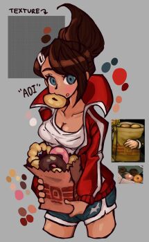 1girl arrow_(symbol) asahina_aoi bag blue_eyes blue_shorts blush breasts brown_hair character_name cleavage collarbone color_guide commentary cropped_legs danganronpa:_trigger_happy_havoc danganronpa_(series) dark-skinned_female dark_skin donut english_commentary english_text eyelashes food food_in_mouth food_on_face grey_background hair_ornament hairclip highres holding holding_bag jacket open_clothes open_jacket paper_bag ponytail red_jacket reference_inset shirt shorts simple_background solo tan the_noodle_(onebadnoodle) white_shirt