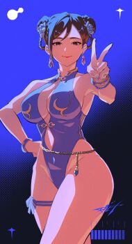1girl absurdres alternate_costume belly_chain blue_one-piece_swimsuit bracelet breasts brown_eyes brown_hair capcom chun-li cowboy_shot curvy double_bun earrings hair_bun hand_on_own_hip highleg highleg_one-piece_swimsuit highres jewelry large_breasts official_alternate_costume one-piece_swimsuit sgmt_proxy shiny_skin short_hair smile solo street_fighter street_fighter_6 swimsuit thick_thighs thigh_strap thighs thong_one-piece_swimsuit v wide_hips