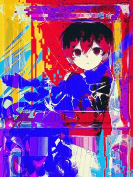 1boy black_eyes black_hair black_tank_top closed_mouth colored_skin commentary double-parted_bangs expressionless hair_between_eyes hashtag-only_commentary highres looking_at_viewer makucrp male_focus omori omori_(omori) short_hair solo tank_top white_skin