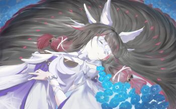 1girl absurdres bare_shoulders blue_flower brown_hair closed_eyes closed_mouth columbina_(genshin_impact) eyelashes flower genshin_impact hair_ornament head_wings highres long_hair on_floor pale_skin red_hair sleeping usammmer very_long_hair white_wings wings