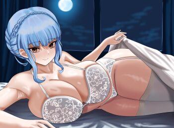 1girl artist_request blue_hair bra braid breasts brown_eyes cleavage crown_braid female_focus fire_emblem fire_emblem:_three_houses large_breasts lingerie marianne_von_edmund nintendo panties sidelocks solo underwear white_bra white_panties