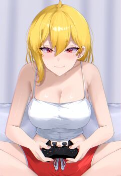 1girl absurdres blonde_hair breasts camisole cleavage closed_mouth controller game_controller hair_between_eyes hashtag-only_commentary highres holding holding_controller holding_game_controller hololive hololive_indonesia kaela_kovalskia lalatina_art large_breasts looking_at_viewer red_eyes red_shorts shorts sitting solo spread_legs virtual_youtuber white_camisole