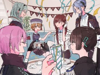 Rule 34 | 1other, 6+girls, :d, adjusting hair, birthday, black gloves, black hair, black pants, black scarf, black skirt, blonde hair, blue eyes, blue hair, blunt bangs, blunt ends, blush, bright pupils, brown hair, candy, caught, center frills, closed mouth, collared shirt, commentary request, confetti, couch, cup, fang, feeding, food, frilled shirt, frills, gloves, green eyes, green hair, grey hat, hair bun, hanamura shiki, hand up, hands up, happy birthday, hat, heaven burns red, highres, hime cut, holding, holding candy, holding food, holding lollipop, holding party popper, holding phone, holding spoon, indoors, kulfiq, kurosawa maki, lollipop, long hair, maruyama kanata, matsuoka chiroru, multiple girls, natsume inori, on couch, open mouth, pants, parted lips, party popper, phone, pink hair, pleated skirt, ponytail, pov, pov hands, red eyes, scarf, shirt, short hair, sidelocks, single hair bun, sitting, skirt, smile, spoon, straight hair, suspenders, table, taking picture, teacup, team 31f (heaven burns red), twintails, white pupils, white shirt, yanagi mion