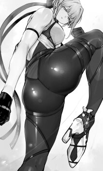 1girl absurdres ass ass_focus black_pants breasts earrings evelyn_chevalier flexible gloves greyscale high_heels highres huge_ass jewelry leg_lift leg_up monochrome niwarhythm pants sleeveless solo thick_thighs thighs tight_clothes tight_pants zenless_zone_zero