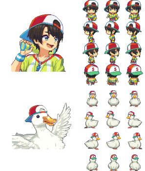 1girl alpha_transparency backwards_hat bird black_hair blue_eyes breasts duck eyebrows_hidden_by_hair hat highres hololive medium_breasts oozora_subaru oozora_subaru_(1st_costume) open_mouth pixel_art shirt short_hair smile sprite_art sprite_sheet striped_clothes striped_shirt subaru_duck tengu_nouzu virtual_youtuber whistle whistle_around_neck wristband