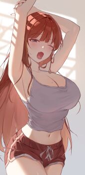 1girl absurdres akane_lize armpits arms_behind_head arms_up bare_arms bare_shoulders black_eyes breasts camisole cleavage cowboy_shot crop_top dolphin_shorts drawstring fang grey_shirt highres large_breasts long_hair looking_at_viewer meosic2 midriff mole mole_on_breast mole_under_eye navel one_eye_closed open_mouth red_hair red_shorts shirt short_shorts shorts sleeveless sleeveless_shirt solo spaghetti_strap stellive stomach stretching very_long_hair virtual_youtuber