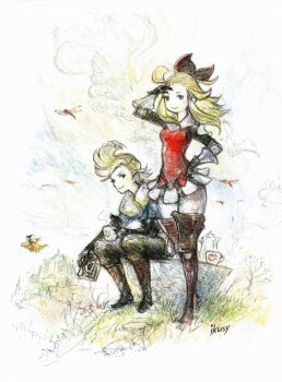 1boy 1girl ahoge black_gloves blonde_hair blue_eyes book boots bow bravely_default:_flying_fairy bravely_default_(series) brown_footwear bug coffee_pot cup dragonfly edea_lee gloves hair_bow hair_ornament highres ikusy bug long_hair official_art pompadour ringabel sidelocks sitting smile standing