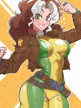 1girl absurdres bodysuit breasts brown_hair brown_jacket colored_bangs commentary covered_navel green_bodysuit green_eyes grin highres jacket jeff_miga large_breasts leather looking_at_viewer marvel marvel_rivals multicolored_bodysuit multicolored_hair rogue_(x-men) smile solo sparkle superhero_costume two-tone_bodysuit two-tone_hair white_hair x-men yellow_bodysuit