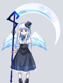 1girl absurdres black_hat black_shoes blue_bow blue_dress blue_ribbon blunt_bangs bow bowtie buttons closed_mouth dress full_body gradient_clothes gradient_dress grey_background hat high-waist_skirt highres holding holding_scythe kama_(weapon) long_hair long_sleeves looking_at_viewer mini_hat multicolored_eyes original pantyhose ribbon scythe shirt shoes sickle simple_background skirt solo standing white_hair white_pantyhose white_shirt white_wings wings zoirun
