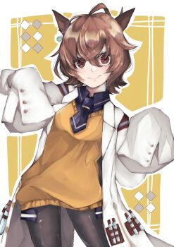 1girl agnes_tachyon_(tach-nology)_(umamusume) agnes_tachyon_(umamusume) ahoge animal_ears black_necktie black_pantyhose blush breasts brown_hair chemical_structure closed_mouth coat collared_shirt commentary_request cork earrings hair_between_eyes highres horse_ears horse_girl horse_tail jewelry lab_coat long_sleeves looking_at_viewer necktie pantyhose red_eyes shipapome shirt short_hair short_necktie single_earring sleeves_past_fingers sleeves_past_wrists smile solo sweater sweater_vest tail test_tube umamusume white_coat wolf_cut yellow_sweater yellow_sweater_vest