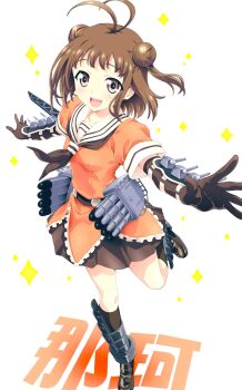 1girl antenna_hair arms_at_sides black_gloves blush brown_eyes brown_hair brown_neckerchief brown_shoes brown_skirt brown_socks character_name collarbone commentary_request double_bun dress elbow_gloves foreshortening full_body gloves hair_bun highres kantai_collection kneehighs loafers looking_at_viewer medium_hair naka_(kancolle) neckerchief open_mouth orange_dress sailor_collar school_uniform serafuku shoes short_sleeves simple_background skirt smile socks solo sparkle standing standing_on_one_leg watanabe_yoshihiro white_background white_sailor_collar
